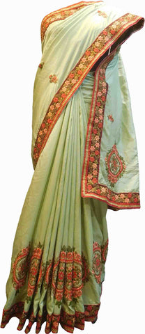 SMSAREE Green Designer Wedding Partywear Silk Cutdana Stone Beads Thread Sequence & Zari Hand Embroidery Work Bridal Saree Sari With Blouse Piece F358