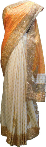 SMSAREE Orange & Cream Designer Wedding Partywear Silk Stone Pearl Thread Sequence & Zari Hand Embroidery Work Bridal Saree Sari With Blouse Piece F363