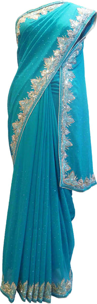 SMSAREE Turquoise Designer Wedding Partywear Georgette Cutdana Stone Beads Pearl & Bullion Hand Embroidery Work Bridal Saree Sari With Blouse Piece F366