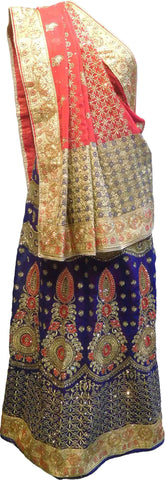SMSAREE Red & Blue Designer Wedding Partywear Georgette Stone Thread & Zari Hand Embroidery Work Bridal Saree Sari With Blouse Piece F367