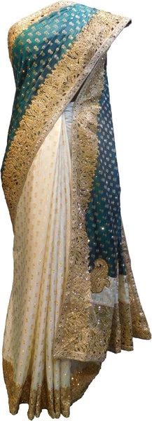 SMSAREE Turquoise & Cream Designer Wedding Partywear Silk Stone Pearl Thread Sequence & Zari Hand Embroidery Work Bridal Saree Sari With Blouse Piece F370