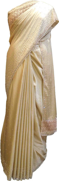 SMSAREE Beige Designer Wedding Partywear Crepe (Rangoli) Stone Thread & Pearl Hand Embroidery Work Bridal Saree Sari With Blouse Piece F413
