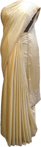 SMSAREE Beige Designer Wedding Partywear Crepe (Rangoli) Stone Thread & Pearl Hand Embroidery Work Bridal Saree Sari With Blouse Piece F414