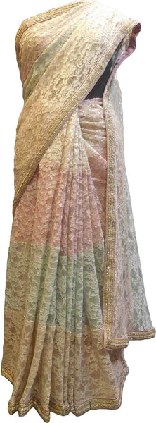 SMSAREE Beige Pink & Green Designer Wedding Partywear Net (Chantley) Cutdana Stone & Zari Hand Embroidery Work Bridal Saree Sari With Blouse Piece F416