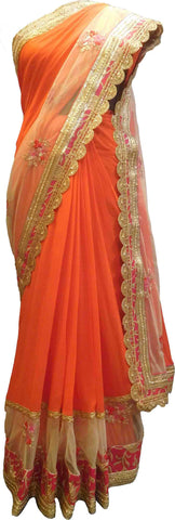 SMSAREE Orange Designer Wedding Partywear Georgette (Viscos) & Net Cutdana Stone Pearl Sequence & Zari Hand Embroidery Work Bridal Saree Sari With Blouse Piece F418