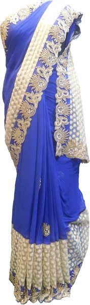 SMSAREE Blue & Cream Designer Wedding Partywear Georgette (Viscos) & Net Beads Stone Pearl & Thread Hand Embroidery Work Bridal Saree Sari With Blouse Piece F421