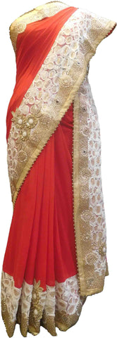 SMSAREE Red & White Designer Wedding Partywear Georgette (Viscos) & Net Beads Stone Sequence & Zari Hand Embroidery Work Bridal Saree Sari With Blouse Piece F423