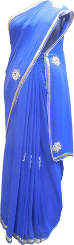 SMSAREE Blue Designer Wedding Partywear Georgette (Viscos) Stone Cutdana Thread & Zari Hand Embroidery Work Bridal Saree Sari With Blouse Piece F428