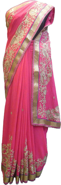 SMSAREE Pink Designer Wedding Partywear Georgette (Viscos) Stone Cutdana Thread Pearl & Zari Hand Embroidery Work Bridal Saree Sari With Blouse Piece F429