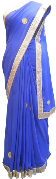 SMSAREE Blue Designer Wedding Partywear Georgette (Viscos) Stone Pearl Beads & Zari Hand Embroidery Work Bridal Saree Sari With Blouse Piece F431