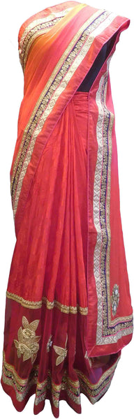 SMSAREE Red Designer Wedding Partywear Georgette (Viscos) & Net Pearl Sequence & Zari Hand Embroidery Work Bridal Saree Sari With Blouse Piece F433
