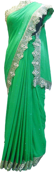 SMSAREE Green Designer Wedding Partywear Georgette (Viscos) Stone Cutdana Beads & Zari Hand Embroidery Work Bridal Saree Sari With Blouse Piece F434