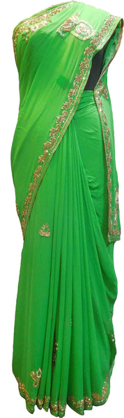 SMSAREE Green Designer Wedding Partywear Georgette (Viscos) Stone Cutdana Bullion Thread & Zari Hand Embroidery Work Bridal Saree Sari With Blouse Piece F437