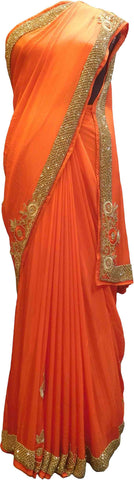 SMSAREE Orange Designer Wedding Partywear Crepe (Chinon) Stone Beads & Thread Hand Embroidery Work Bridal Saree Sari With Blouse Piece F439
