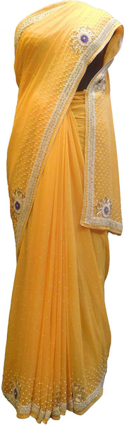 SMSAREE Peach Designer Wedding Partywear Georgette (Viscos) Stone Pearl Beads Cutdana & Thread Hand Embroidery Work Bridal Saree Sari With Blouse Piece F441