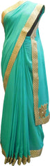 SMSAREE Turquoise Designer Wedding Partywear Georgette (Viscos) Stone Zari Beads Cutdana & Thread Hand Embroidery Work Bridal Saree Sari With Blouse Piece F443
