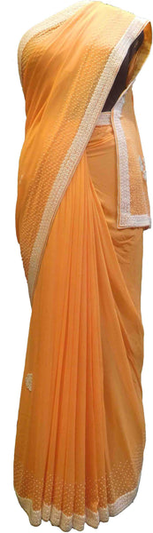 SMSAREE Peach Designer Wedding Partywear Georgette (Viscos) Stone Beads & Pearl Hand Embroidery Work Bridal Saree Sari With Blouse Piece F448
