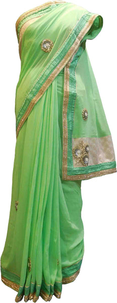 SMSAREE Green Designer Wedding Partywear Georgette (Viscos) Stone Pearl Sequence & Zari Hand Embroidery Work Bridal Saree Sari With Blouse Piece F450