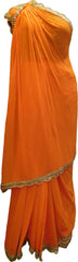 SMSAREE Orange Designer Wedding Partywear Georgette (Viscos) Stone Pearl Sequence Bullion Beads & Zari Stitched Pallu Saree Hand Embroidery Work Bridal Saree Sari With Blouse Piece F451