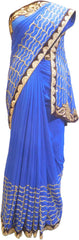 SMSAREE Blue Designer Wedding Partywear Georgette (Viscos) Stone Cutdana Bullion Thread & Zari Hand Embroidery Work Bridal Saree Sari With Blouse Piece F455