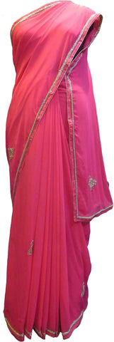 SMSAREE Pink Designer Wedding Partywear Georgette (Viscos) Beads Cutdana Mirror & Thread Hand Embroidery Work Bridal Saree Sari With Blouse Piece F456