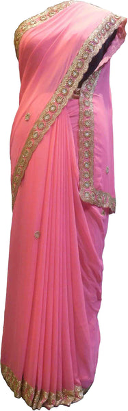 SMSAREE Pink Designer Wedding Partywear Georgette (Viscos) Stone Cutdana & Zari Hand Embroidery Work Bridal Saree Sari With Blouse Piece F458