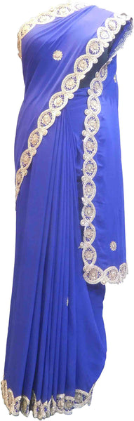 SMSAREE Blue Designer Wedding Partywear Georgette (Viscos) Stone Cutdana Thread Sequence & Zari Hand Embroidery Work Bridal Saree Sari With Blouse Piece F460