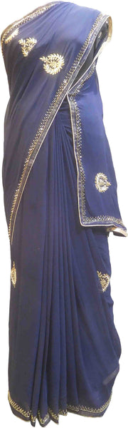 SMSAREE Blue Designer Wedding Partywear Georgette (Viscos) Cutdana Beads & Zari Hand Embroidery Work Bridal Saree Sari With Blouse Piece F463
