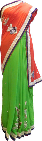 SMSAREE Red & Green Designer Wedding Partywear Georgette (Viscos) Stone Cutdana Pearl Bullion Thread & Zari Hand Embroidery Work Bridal Saree Sari With Blouse Piece F465