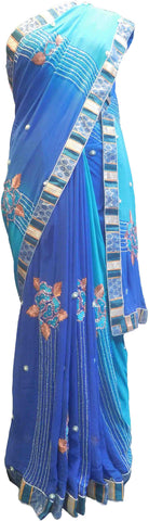 SMSAREE Blue & Turquoise Designer Wedding Partywear Georgette (Viscos) Stone Cutdana Beads Zari & Thread Hand Embroidery Work Bridal Saree Sari With Blouse Piece F466