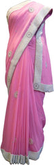SMSAREE Pink Designer Wedding Partywear Georgette (Viscos) Stone Beads & Pearl Hand Embroidery Work Bridal Saree Sari With Blouse Piece F470
