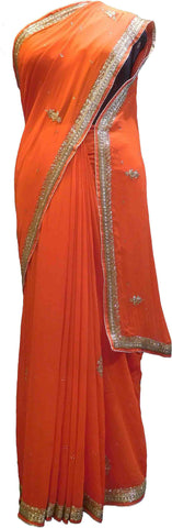 SMSAREE Orange Designer Wedding Partywear Georgette (Viscos) Stone Cutdana & Zari Hand Embroidery Work Bridal Saree Sari With Blouse Piece F473