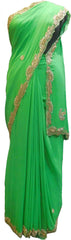 SMSAREE Green Designer Wedding Partywear Georgette (Viscos) Stone Cutdana Beads Thread & Zari Hand Embroidery Work Bridal Saree Sari With Blouse Piece F474