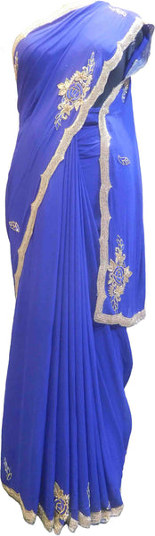 SMSAREE Blue Designer Wedding Partywear Georgette (Viscos) Stone Cutdana Beads Thread & Zari Hand Embroidery Work Bridal Saree Sari With Blouse Piece F475