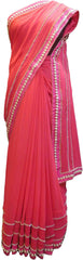 SMSAREE Pink Designer Wedding Partywear Georgette (Viscos) Stone Pearl & Zari Hand Embroidery Work Bridal Saree Sari With Blouse Piece F480