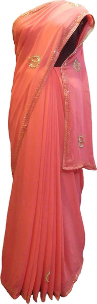 SMSAREE Pink Designer Wedding Partywear Georgette (Viscos) Cutdana Pearl & Zari Hand Embroidery Work Bridal Saree Sari With Blouse Piece F482