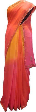 SMSAREE Pink Orange & Yellow Designer Wedding Partywear Georgette (Viscos) Cutdana Pearl & Zari Hand Embroidery Work Bridal Saree Sari With Blouse Piece F483
