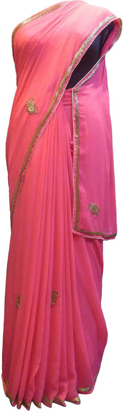 SMSAREE Pink Designer Wedding Partywear Georgette (Viscos) Cutdana Thread & Sequence Hand Embroidery Work Bridal Saree Sari With Blouse Piece F484