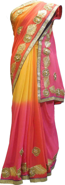 SMSAREE Pink Orange & Yellow Designer Wedding Partywear Georgette (Viscos) Gota & Zari Hand Embroidery Work Bridal Saree Sari With Blouse Piece F487