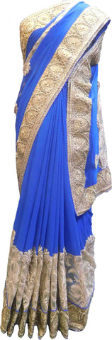 SMSAREE Blue & Golden Designer Wedding Partywear Georgette (Viscos) & Net Beads Stone Zari & Thread Hand Embroidery Work Bridal Saree Sari With Blouse Piece F489
