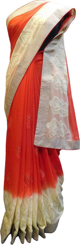 SMSAREE Red & Cream Designer Wedding Partywear Georgette (Viscos) Thread & Zari Hand Embroidery Work Bridal Saree Sari With Blouse Piece F491