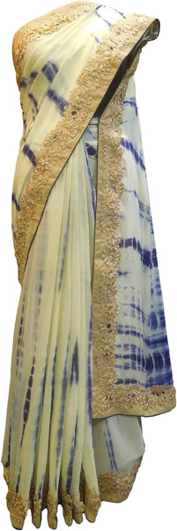 SMSAREE Cream & Blue Designer Wedding Partywear Georgette (Viscos) Stone & Zari Hand Embroidery Work Bridal Saree Sari With Blouse Piece F492