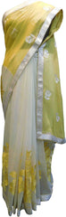 SMSAREE Yellow & Cream Designer Wedding Partywear Chiffon Thread Hand Embroidery Work Bridal Saree Sari With Blouse Piece F494