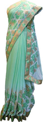SMSAREE Green & Cream Designer Wedding Partywear Chiffon Thread & Zari Hand Embroidery Work Bridal Saree Sari With Blouse Piece F495
