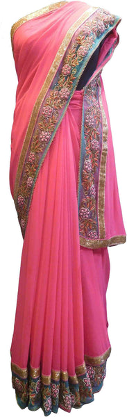 SMSAREE Pink Designer Wedding Partywear Georgette (Viscos) Cutdana Stone Thread Zari & Sequence Hand Embroidery Work Bridal Saree Sari With Blouse Piece F500