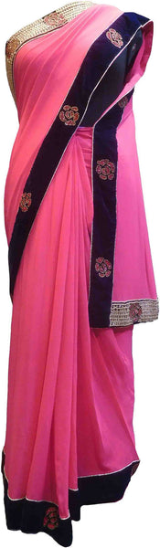 SMSAREE Pink Designer Wedding Partywear Georgette (Viscos) Beads & Stone Hand Embroidery Work Bridal Saree Sari With Blouse Piece F502