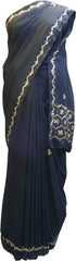SMSAREE Black Designer Wedding Partywear Silk Cutdana Beads & Pearl Hand Embroidery Work Bridal Saree Sari With Blouse Piece F506