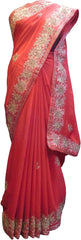 SMSAREE Red Designer Wedding Partywear Crepe (Chinon) Zari Beads Sequence & Thread Hand Embroidery Work Bridal Saree Sari With Blouse Piece F517