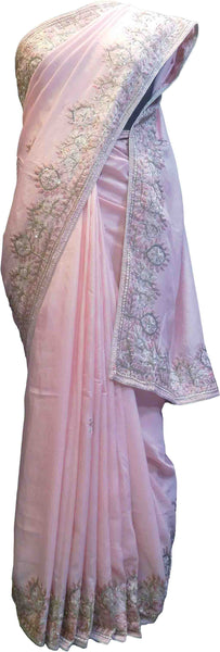 SMSAREE Pink Designer Wedding Partywear Silk Cutdana Beads Sequence & Thread Hand Embroidery Work Bridal Saree Sari With Blouse Piece F518