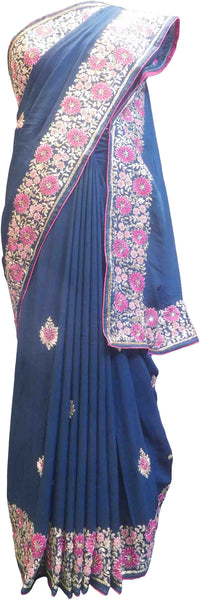 SMSAREE Blue Designer Wedding Partywear Crepe (Chinon) Zari Beads Sequence & Thread Hand Embroidery Work Bridal Saree Sari With Blouse Piece F519